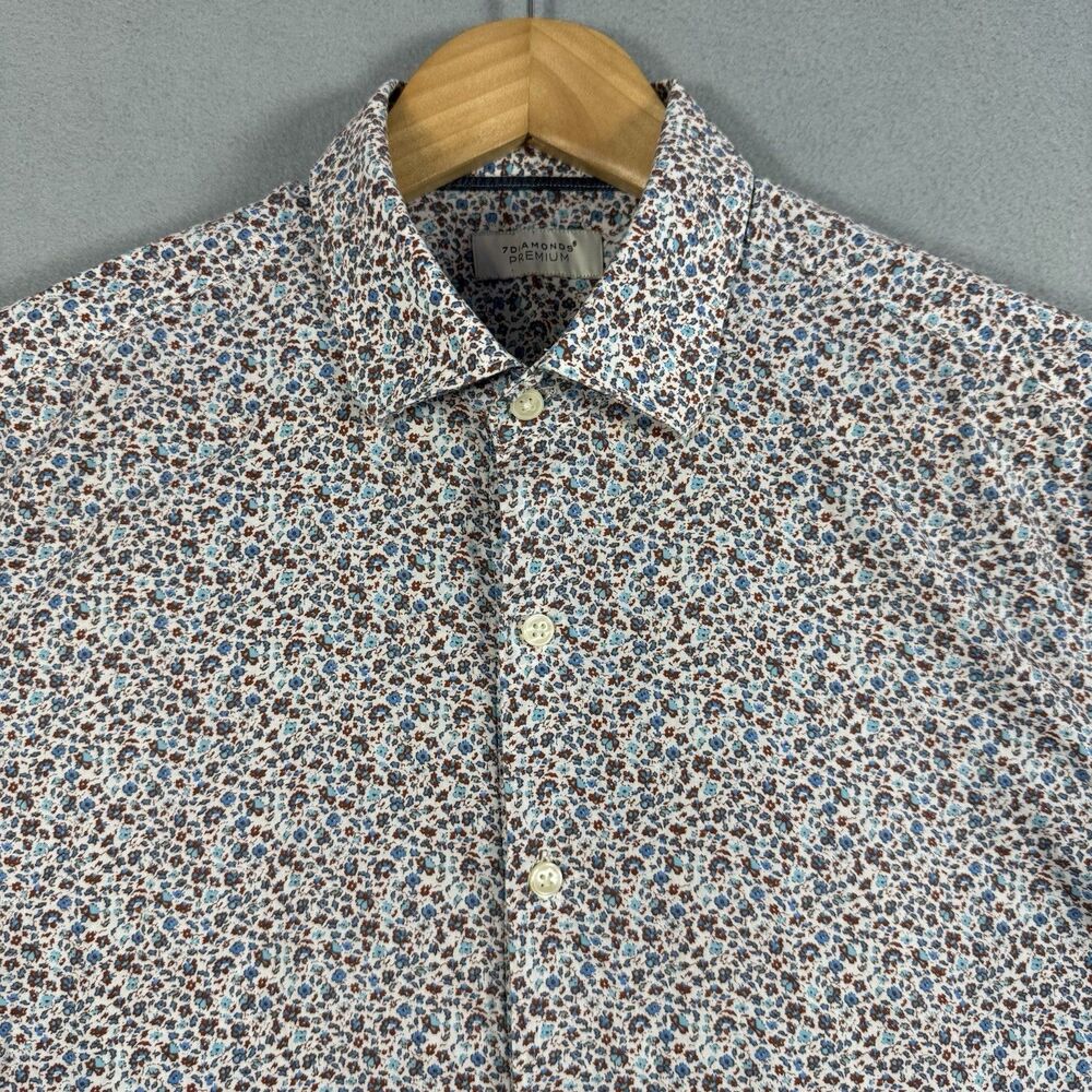 7 Diamonds Premium Mens M Short Sleeve Button Up Shirt Blue Brown Floral Cotton